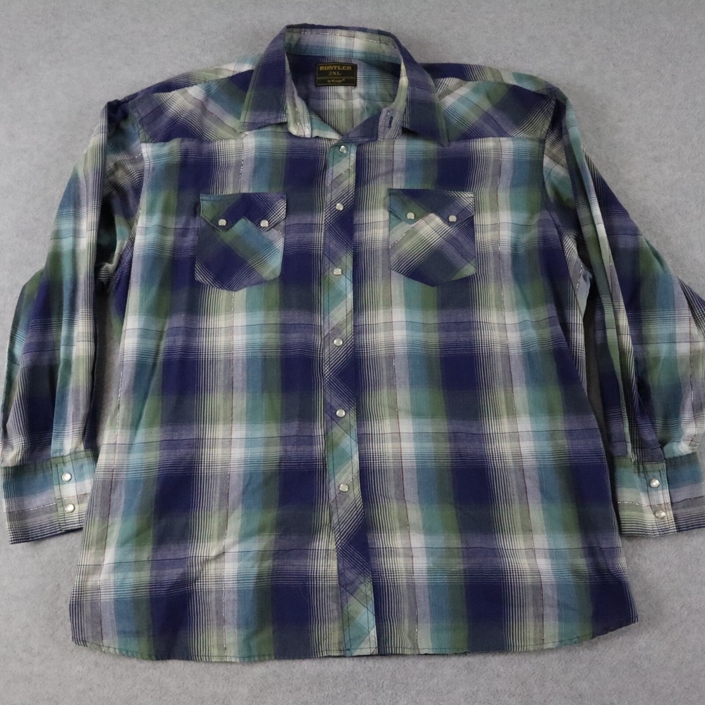 Rustler by Wrangler Shirt Mens 2XL XXL Western Pearl Snap Plaid Long Sleeve